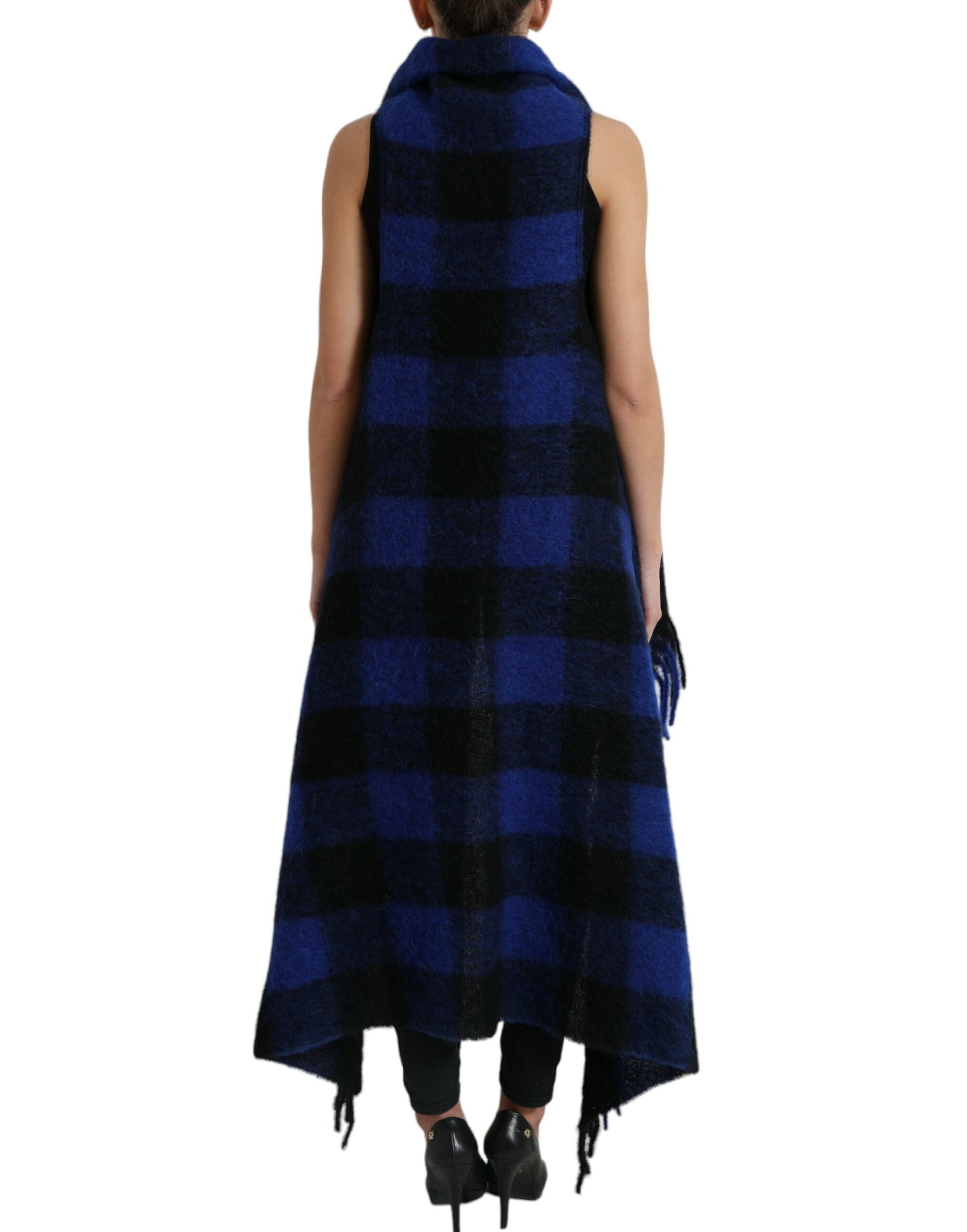 Dolce & Gabbana Black Blue Buffalo Check Poncho Coat Sweater by Dolce & Gabbana