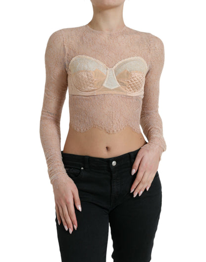 Dolce & Gabbana Beige Nylon Floral Lace Bustier Cropped Top by Dolce & Gabbana