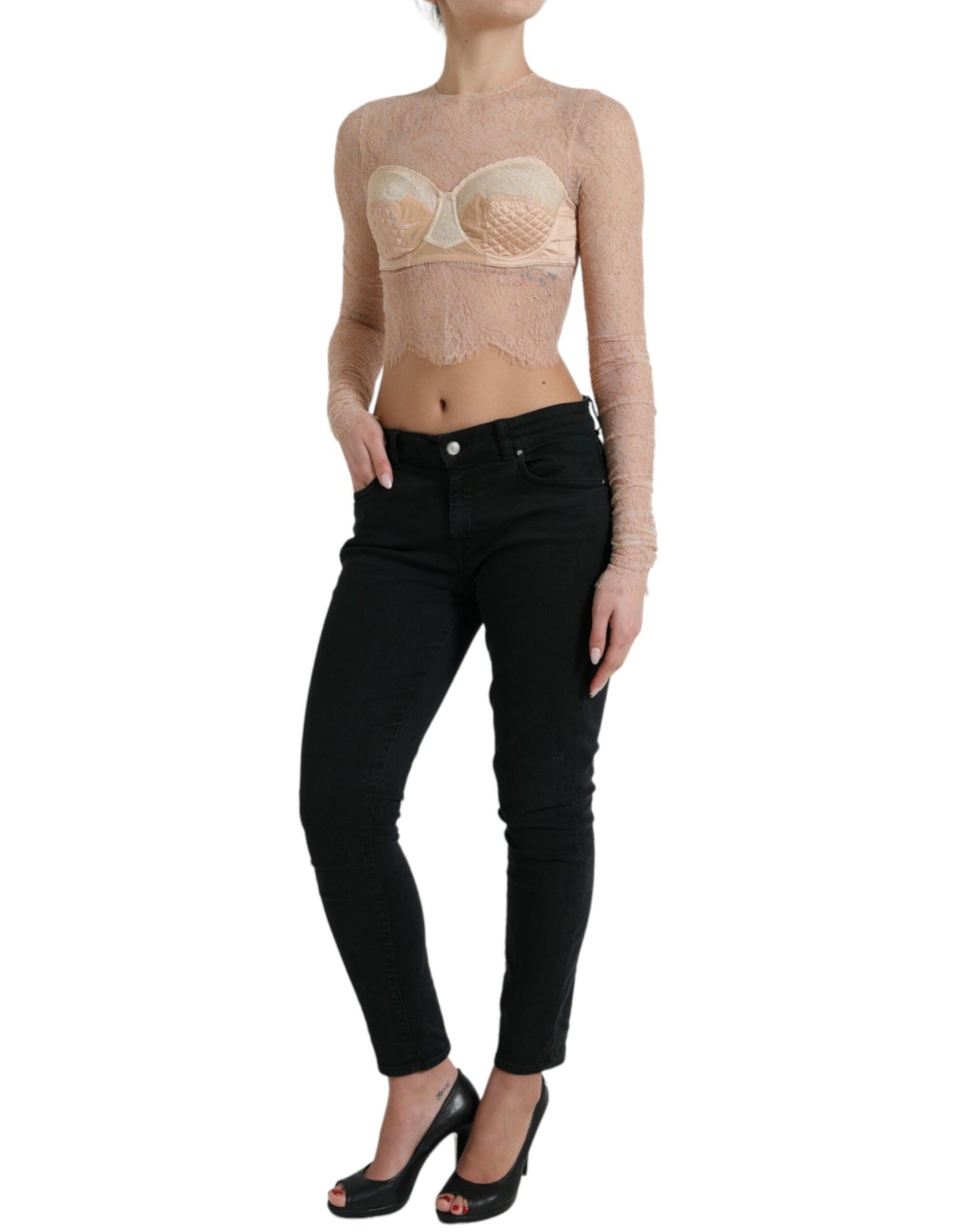 Dolce & Gabbana Beige Nylon Floral Lace Bustier Cropped Top by Dolce & Gabbana