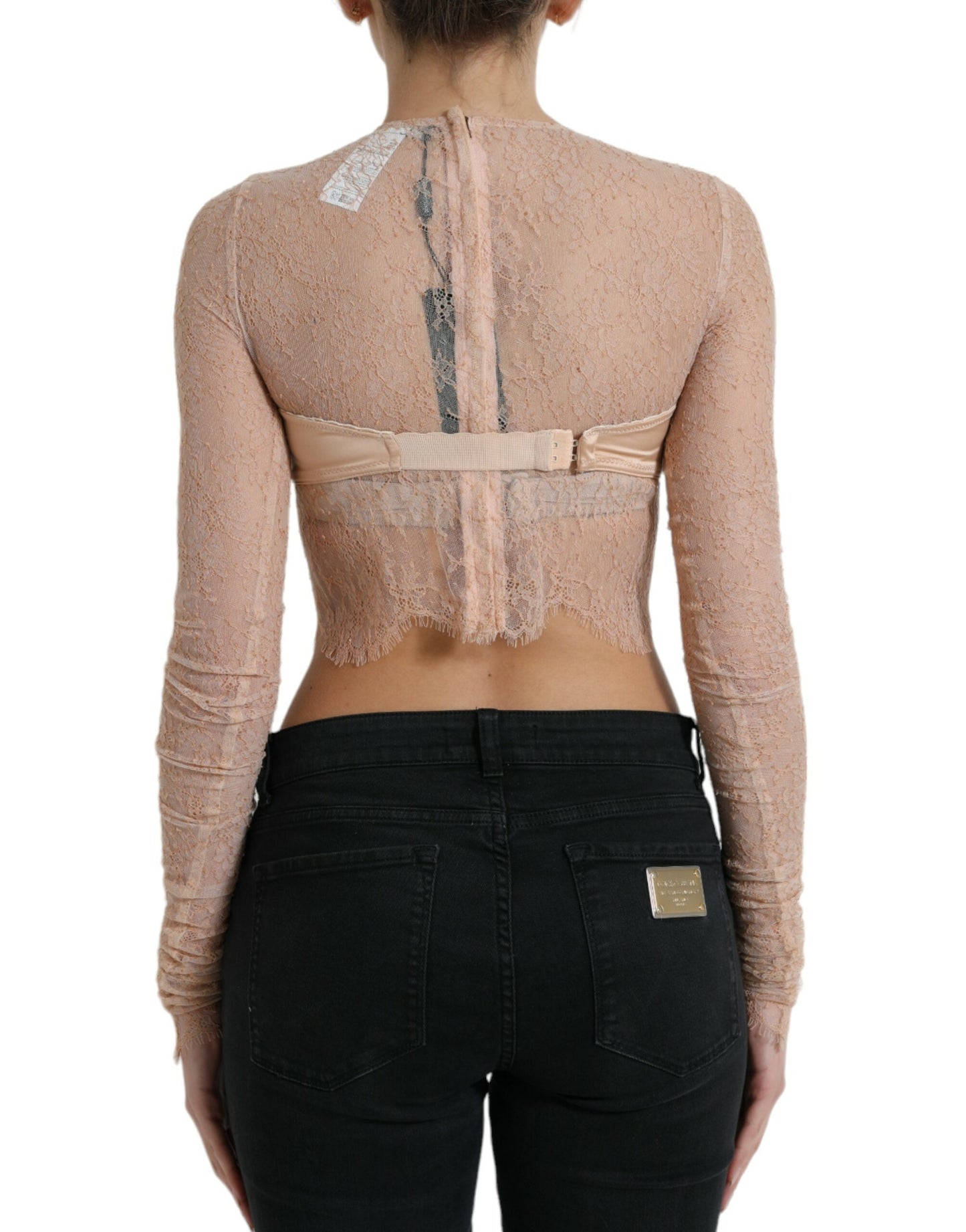 Dolce & Gabbana Beige Nylon Floral Lace Bustier Cropped Top by Dolce & Gabbana