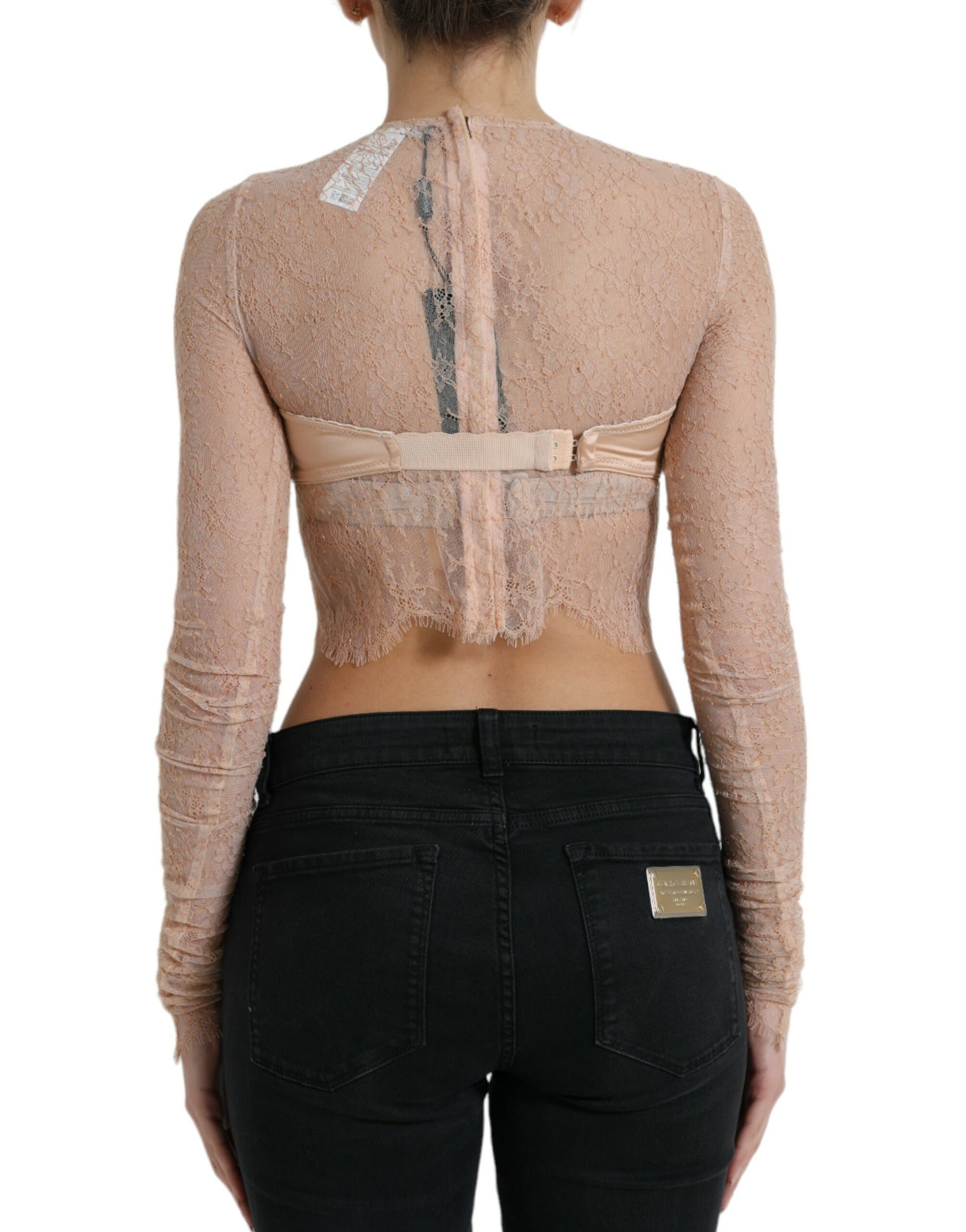 Dolce & Gabbana Beige Nylon Floral Lace Bustier Cropped Top by Dolce & Gabbana