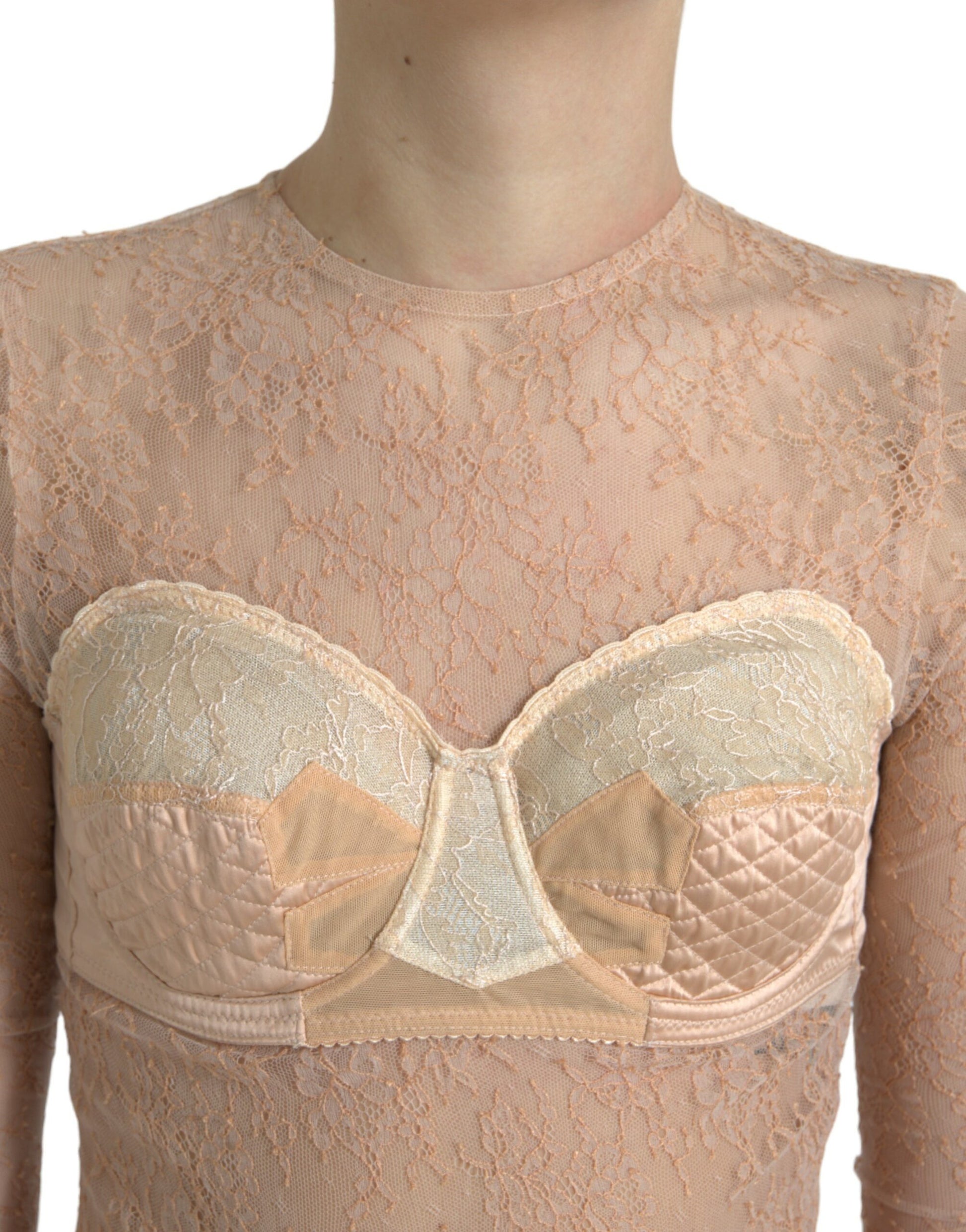 Dolce & Gabbana Beige Nylon Floral Lace Bustier Cropped Top by Dolce & Gabbana
