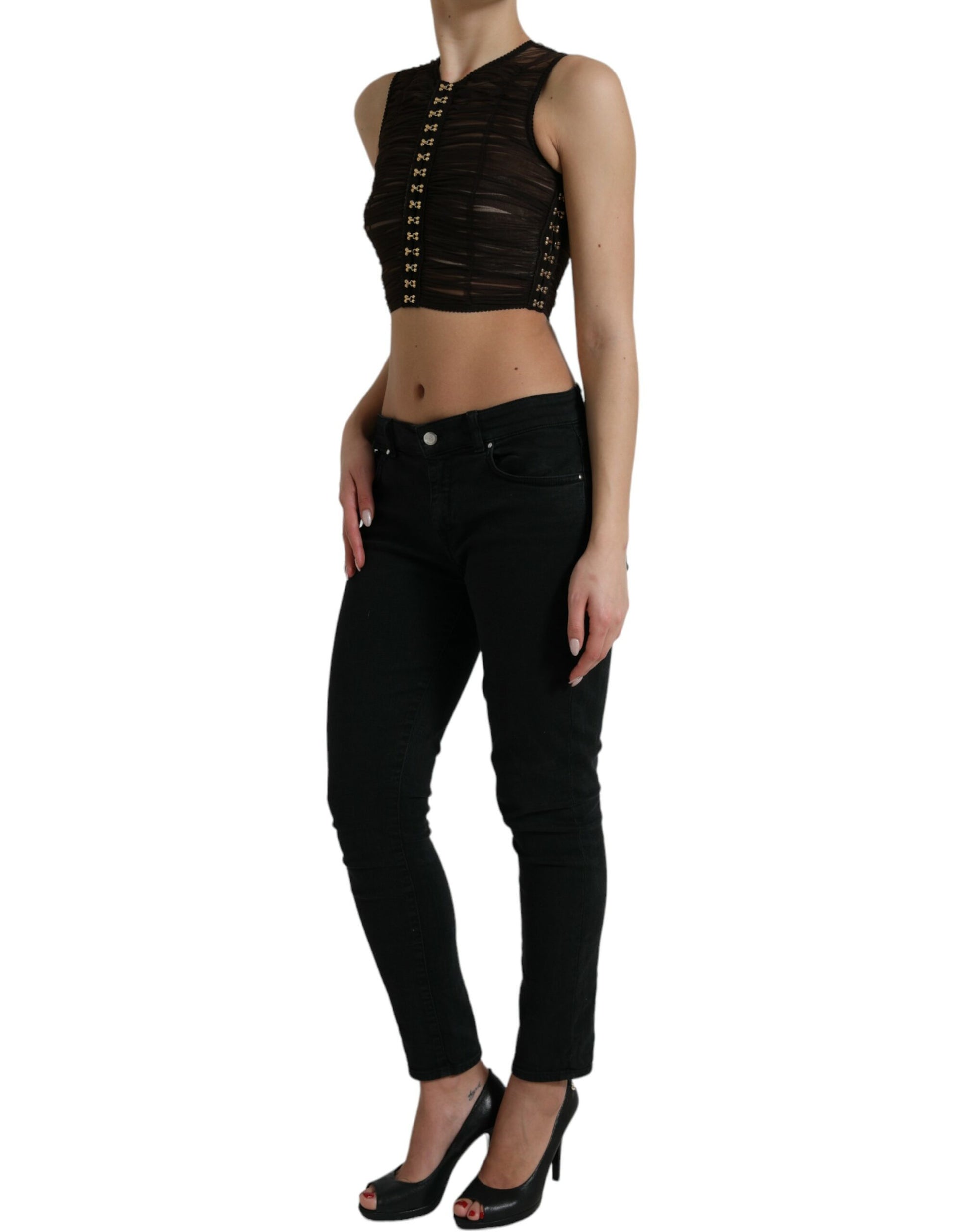 Dolce & Gabbana Brown Embellished Nylon Stretch Cropped Top by Dolce & Gabbana