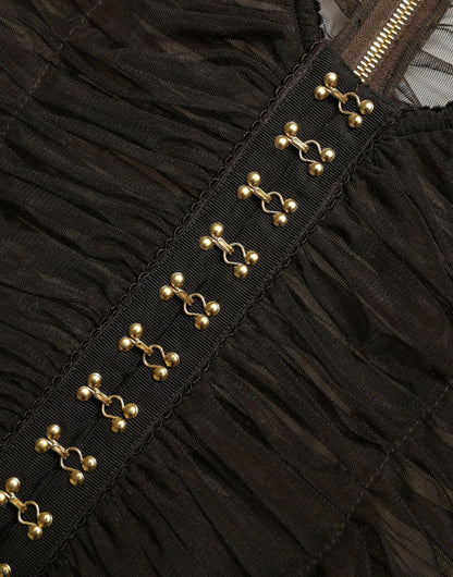 Dolce & Gabbana Brown Embellished Nylon Stretch Cropped Top by Dolce & Gabbana