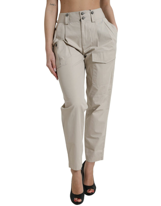 Dolce & Gabbana Beige Cotton High Waist Tapered Pants by Dolce & Gabbana
