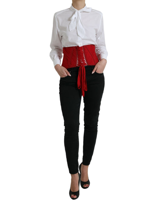 Dolce &amp; Gabbana Red Silk Belt Waist Lace Up Strap Corset