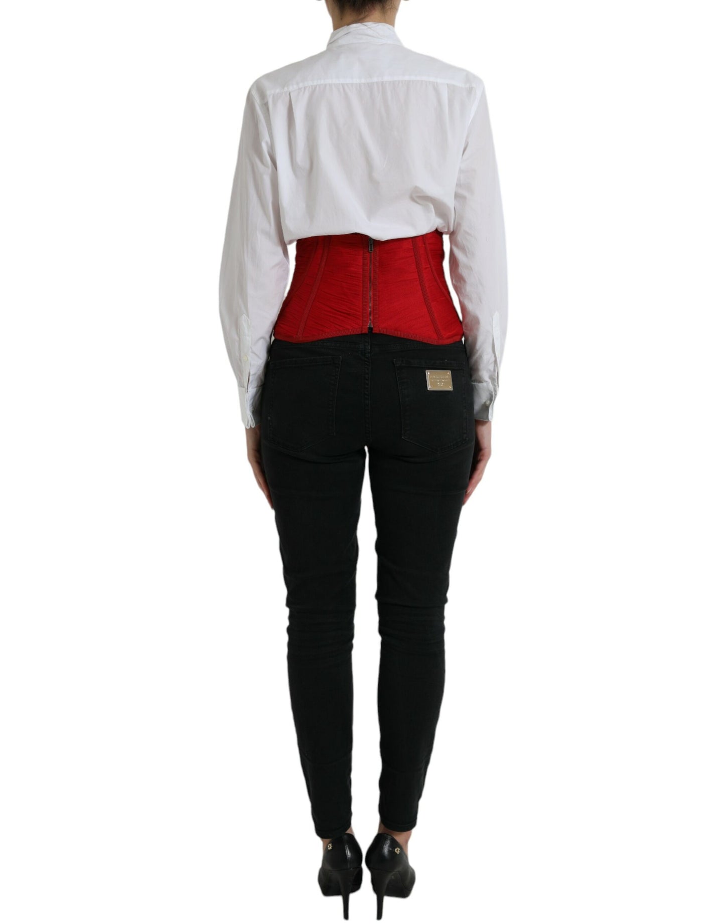 Dolce &amp; Gabbana Red Silk Belt Waist Lace Up Strap Corset