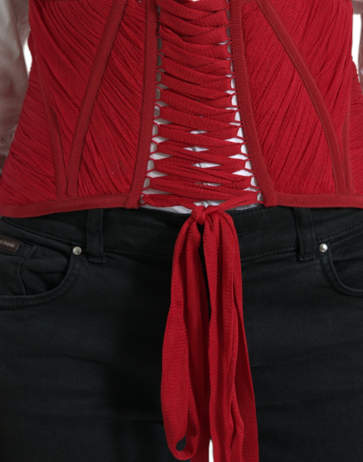 Dolce &amp; Gabbana Red Silk Belt Waist Lace Up Strap Corset