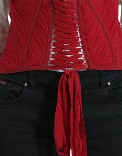 Dolce &amp; Gabbana Red Silk Belt Waist Lace Up Strap Corset