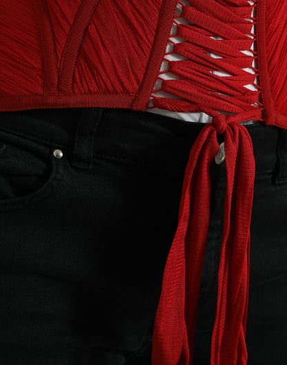 Dolce &amp; Gabbana Red Silk Belt Waist Lace Up Strap Corset