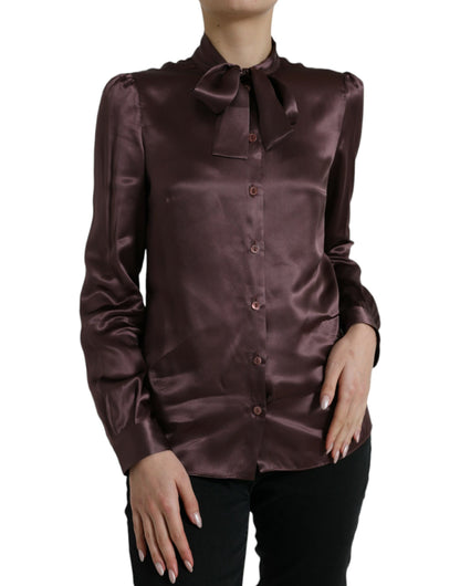 Dolce & Gabbana Brown Silk Ascot Collar Long Sleeve Blouse Top by Dolce & Gabbana
