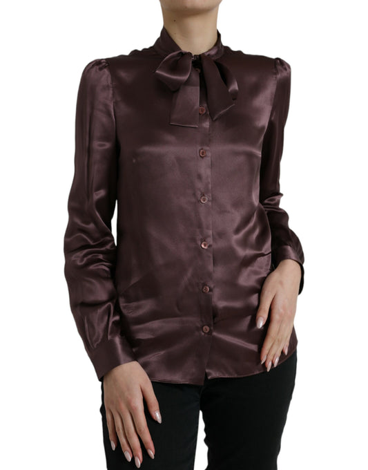 Dolce & Gabbana Brown Silk Ascot Collar Long Sleeve Blouse Top by Dolce & Gabbana