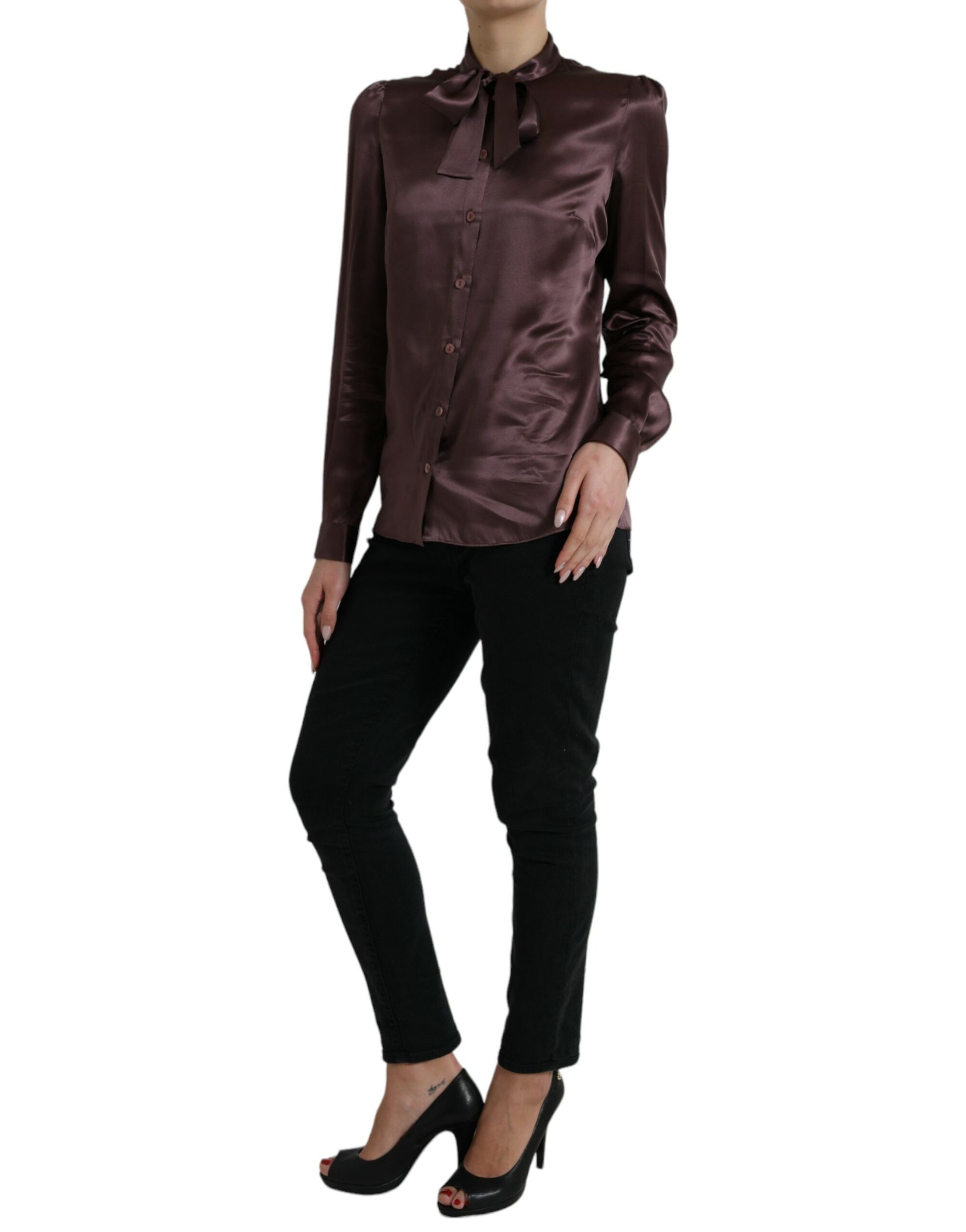 Dolce & Gabbana Brown Silk Ascot Collar Long Sleeve Blouse Top by Dolce & Gabbana