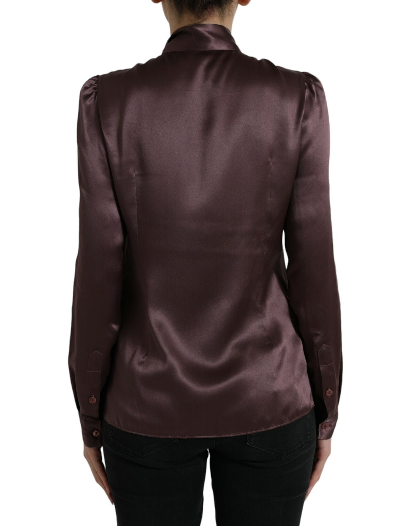 Dolce & Gabbana Brown Silk Ascot Collar Long Sleeve Blouse Top by Dolce & Gabbana