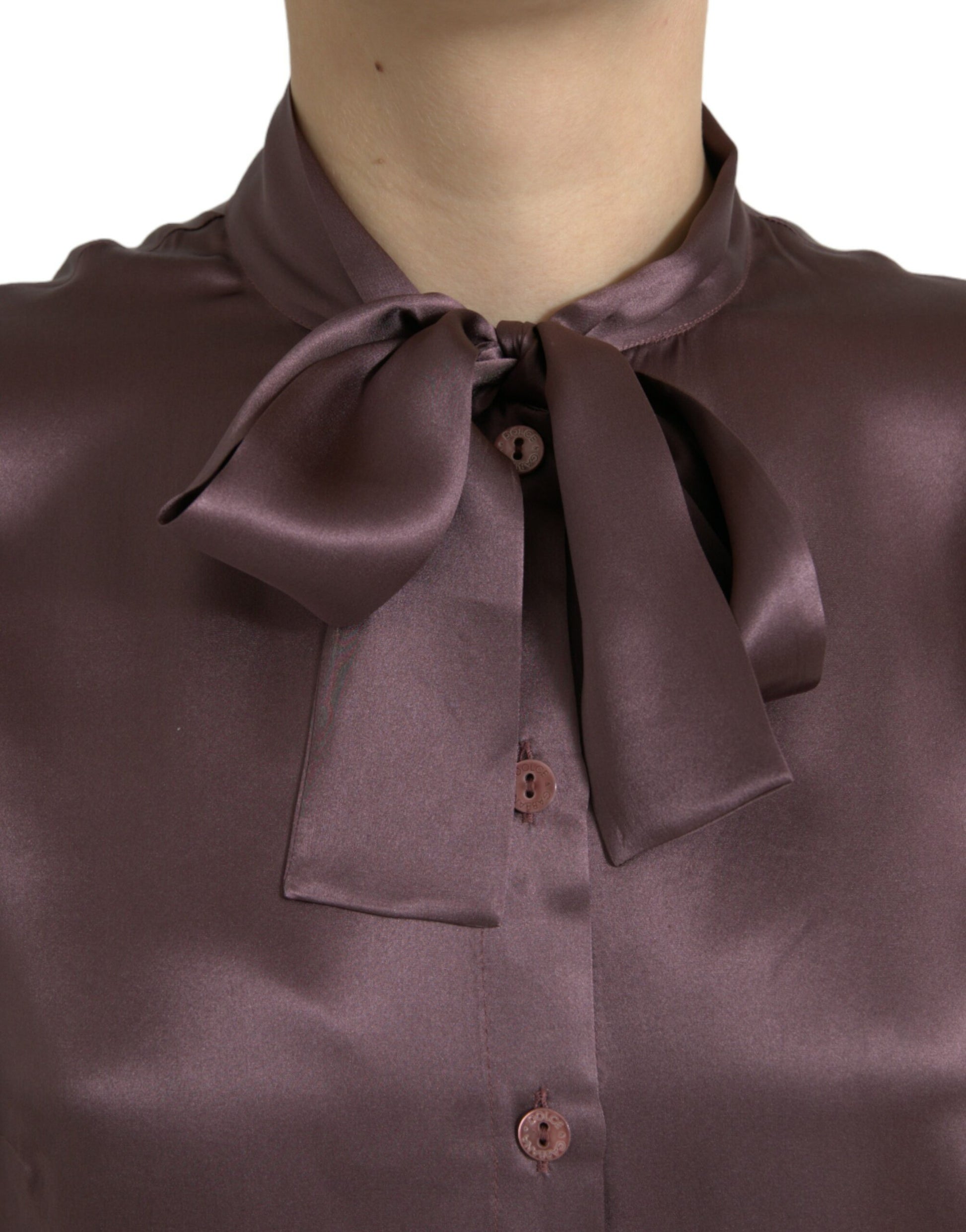 Dolce & Gabbana Brown Silk Ascot Collar Long Sleeve Blouse Top by Dolce & Gabbana