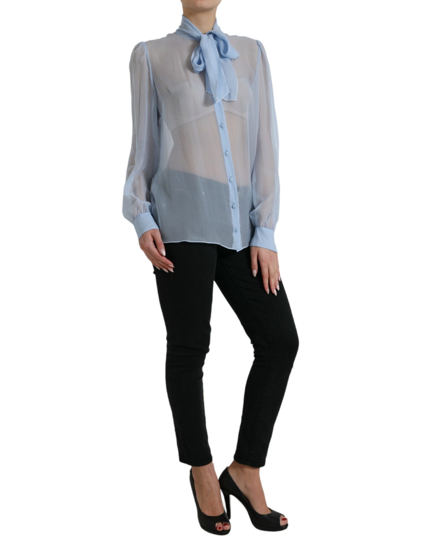 Dolce & Gabbana Blue Long Sleeves Ascot Collar Blouse Top by Dolce & Gabbana