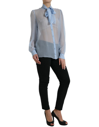 Dolce & Gabbana Blue Long Sleeves Ascot Collar Blouse Top by Dolce & Gabbana