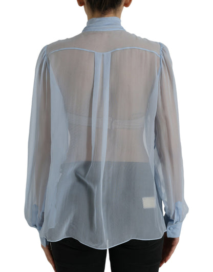 Dolce & Gabbana Blue Long Sleeves Ascot Collar Blouse Top by Dolce & Gabbana