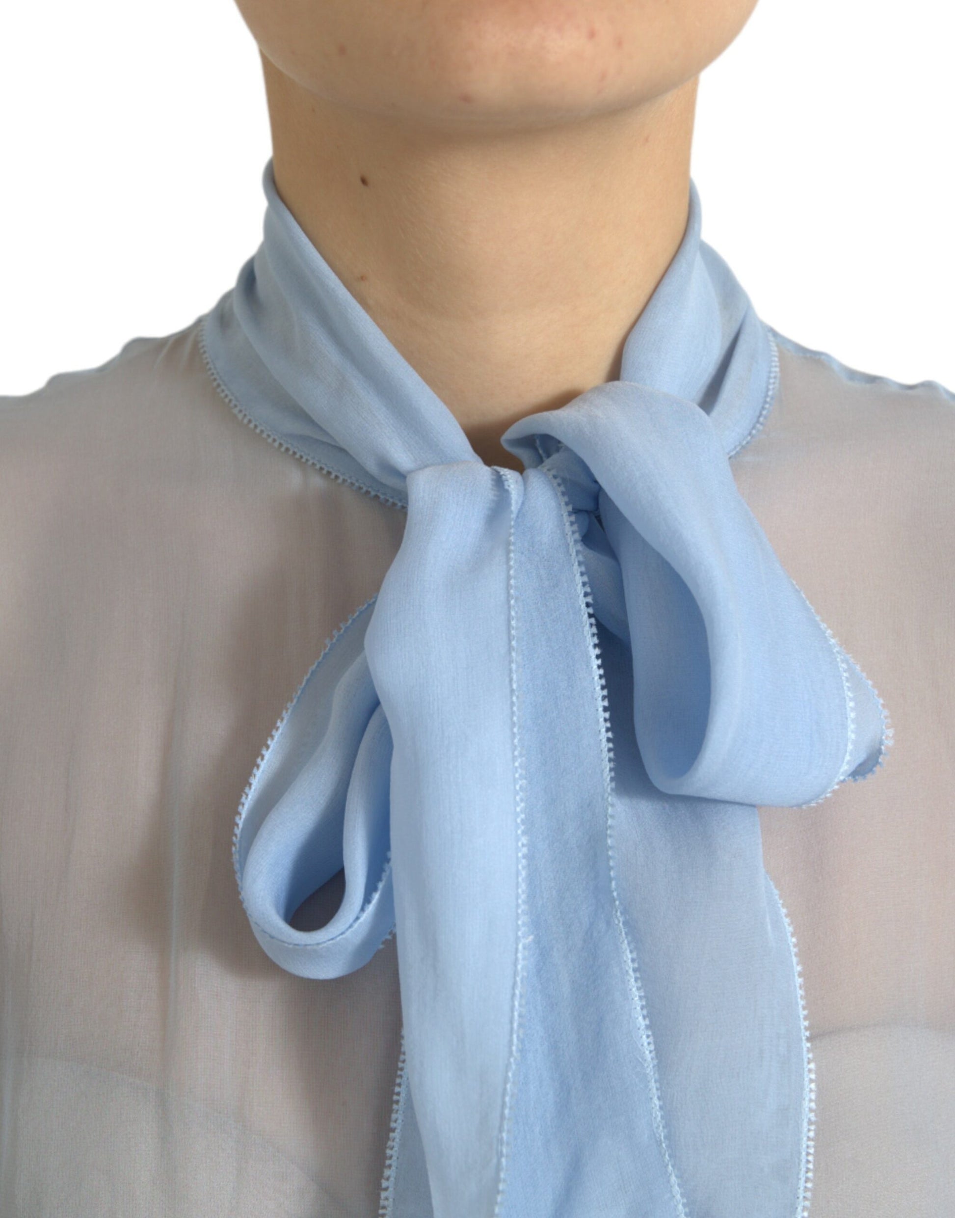 Dolce & Gabbana Blue Long Sleeves Ascot Collar Blouse Top by Dolce & Gabbana