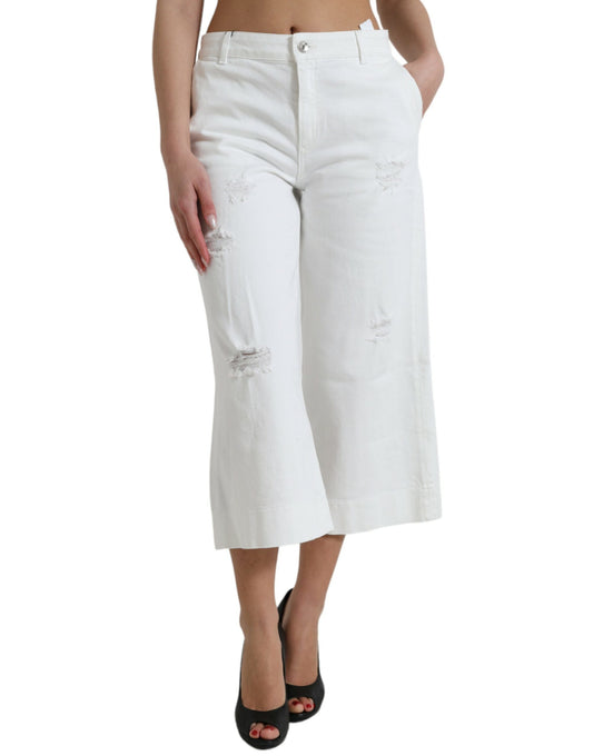 Dolce & Gabbana White Cotton Cropped Wide Leg Denim Jeans by Dolce & Gabbana