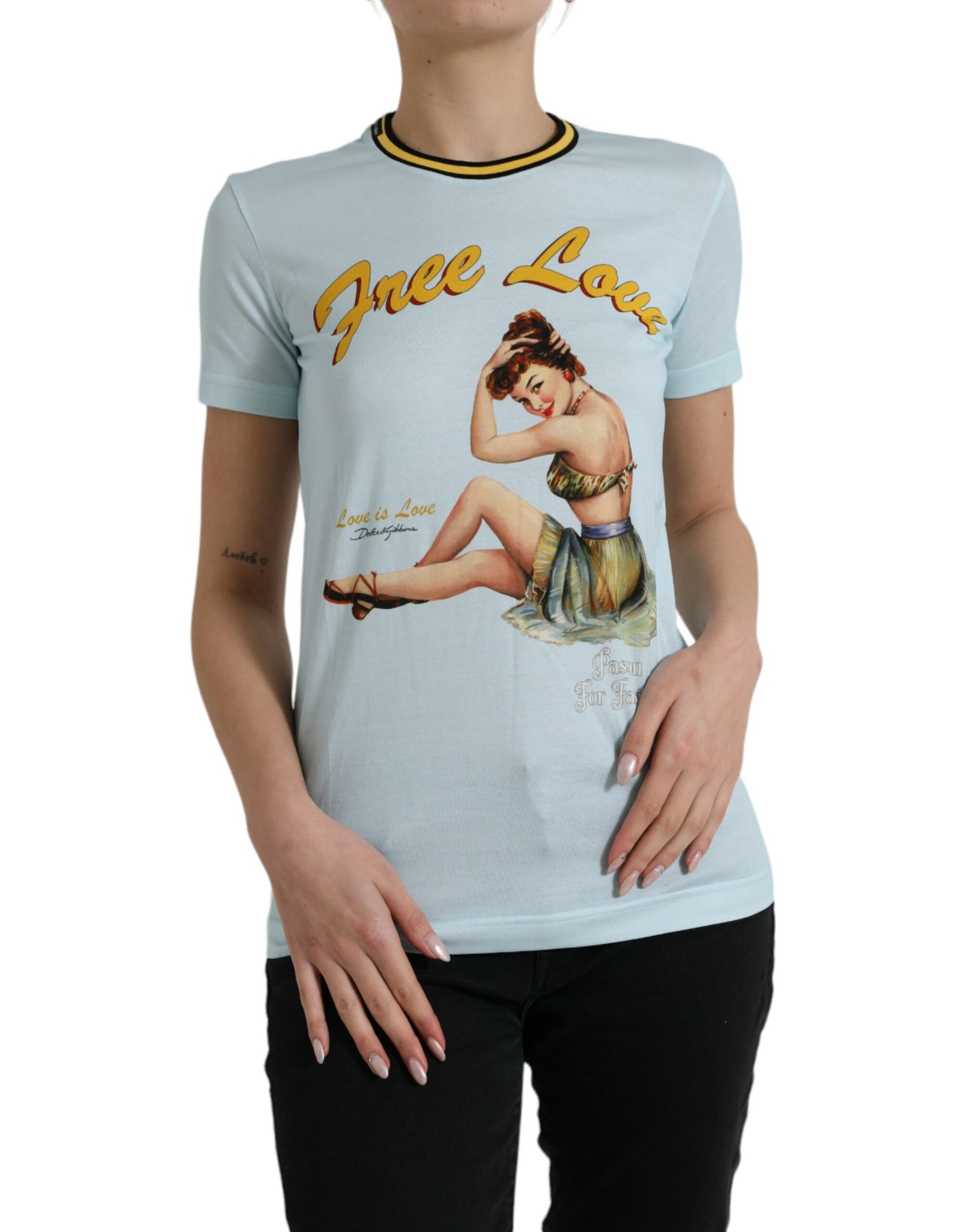 Dolce & Gabbana Light Blue Cotton Free Love Crew Neck T-shirt by Dolce & Gabbana