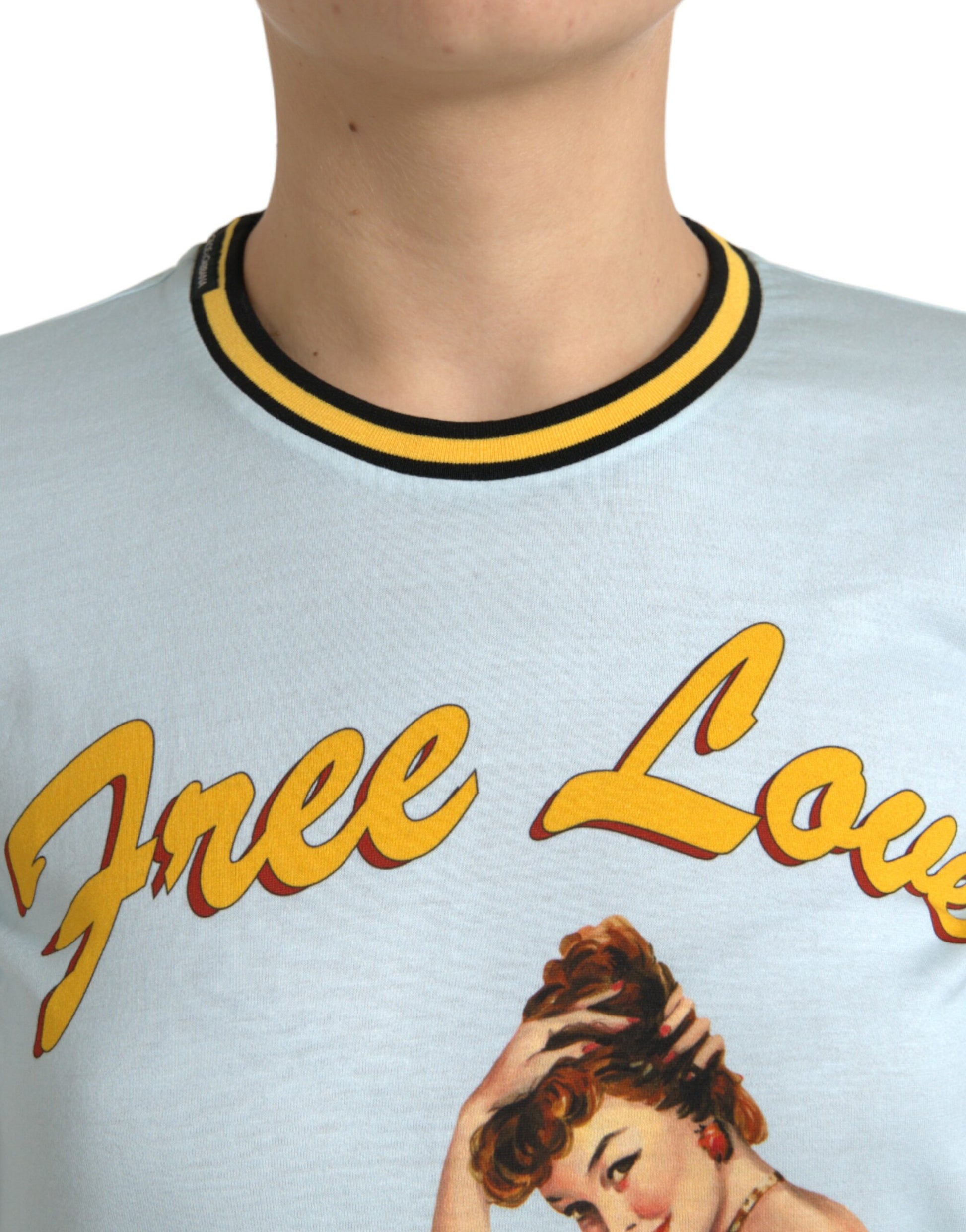 Dolce & Gabbana Light Blue Cotton Free Love Crew Neck T-shirt by Dolce & Gabbana