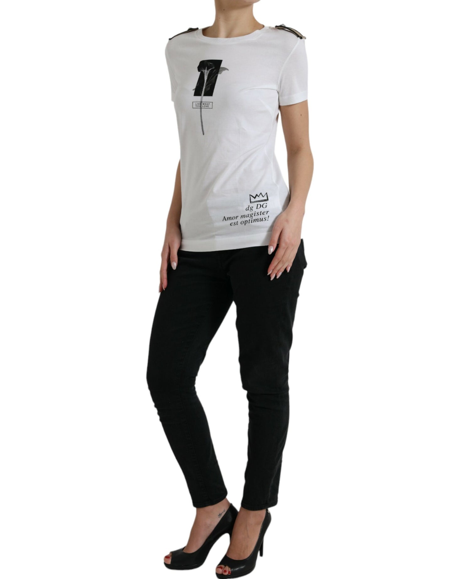 Dolce & Gabbana White Black Roses Crewneck Cotton T-shirt by Dolce & Gabbana