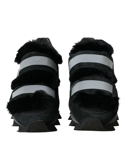 Dolce &amp; Gabbana Black Fur Embellished Suede Sneakers Shoes