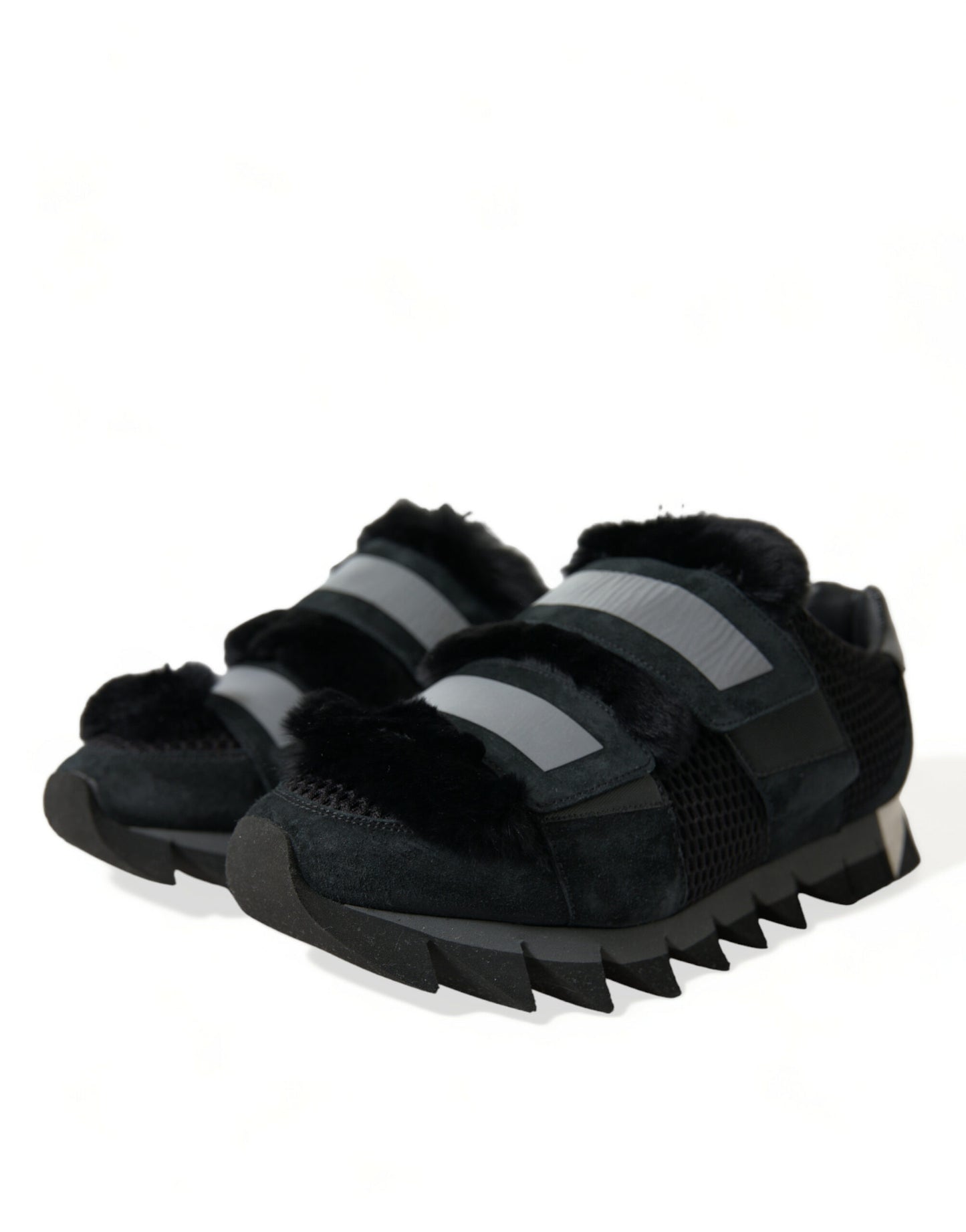 Dolce &amp; Gabbana Black Fur Embellished Suede Sneakers Shoes