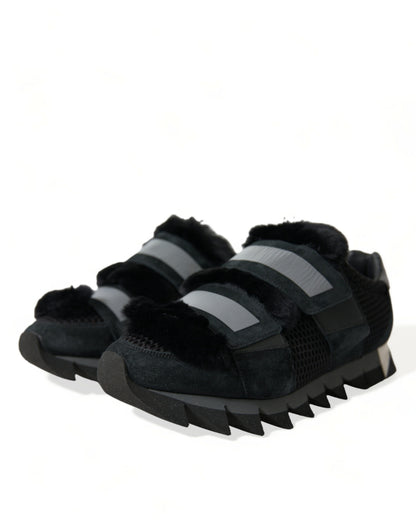Dolce &amp; Gabbana Black Fur Embellished Suede Sneakers Shoes