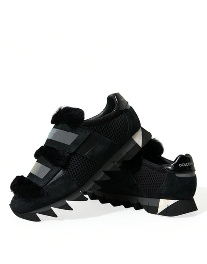 Dolce &amp; Gabbana Black Fur Embellished Suede Sneakers Shoes