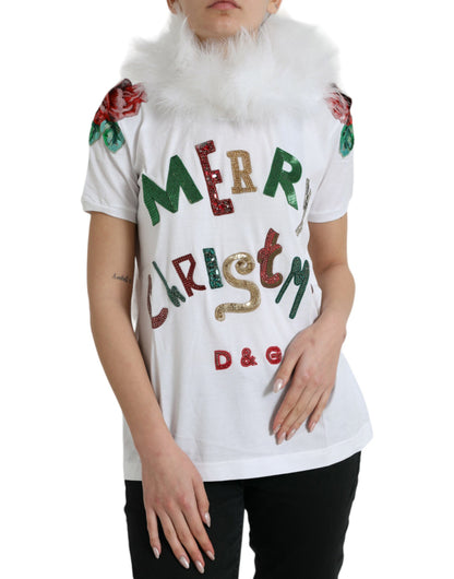 Dolce & Gabbana White Cotton Christmas Sequin Fur T-shirt by Dolce & Gabbana