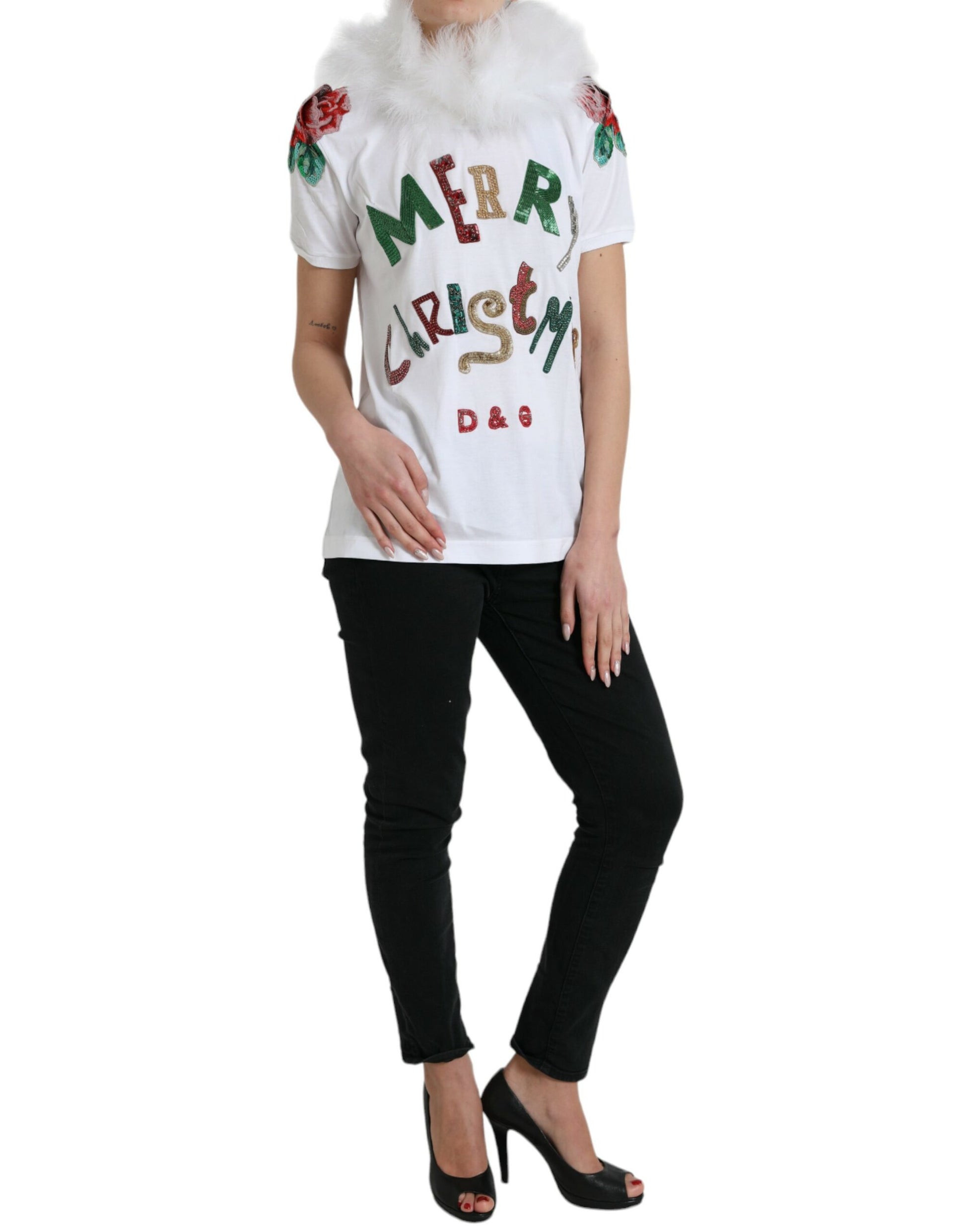 Dolce & Gabbana White Cotton Christmas Sequin Fur T-shirt by Dolce & Gabbana