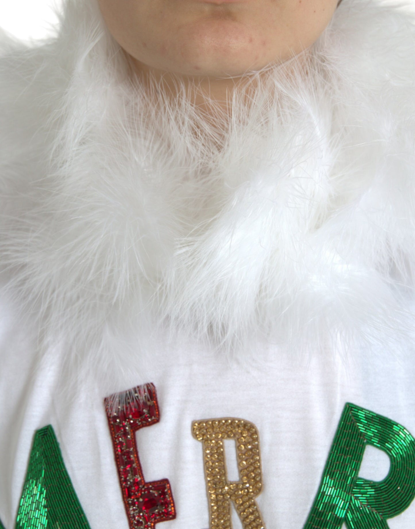 Dolce & Gabbana White Cotton Christmas Sequin Fur T-shirt by Dolce & Gabbana