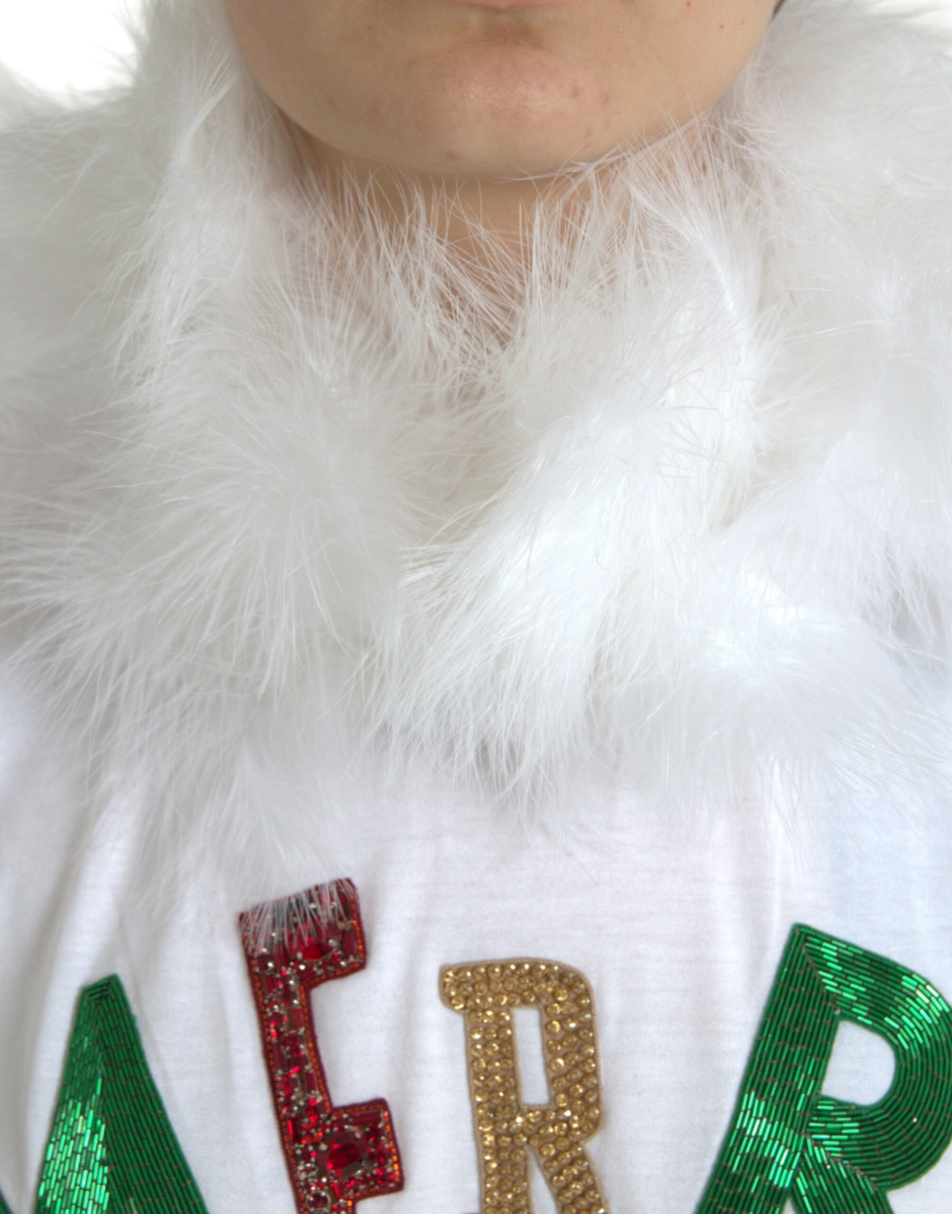Dolce & Gabbana White Cotton Christmas Sequin Fur T-shirt by Dolce & Gabbana