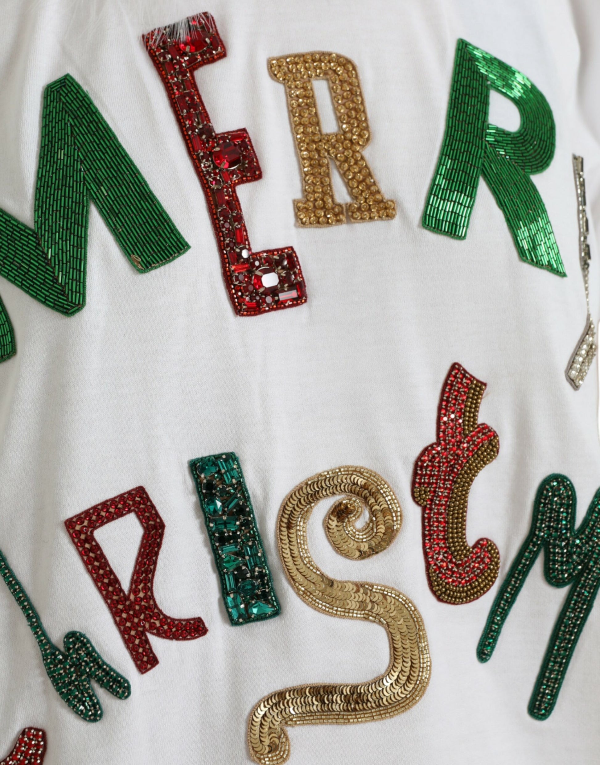 Dolce & Gabbana White Cotton Christmas Sequin Fur T-shirt by Dolce & Gabbana