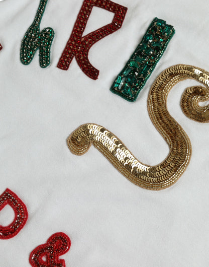 Dolce & Gabbana White Cotton Christmas Sequin Fur T-shirt by Dolce & Gabbana