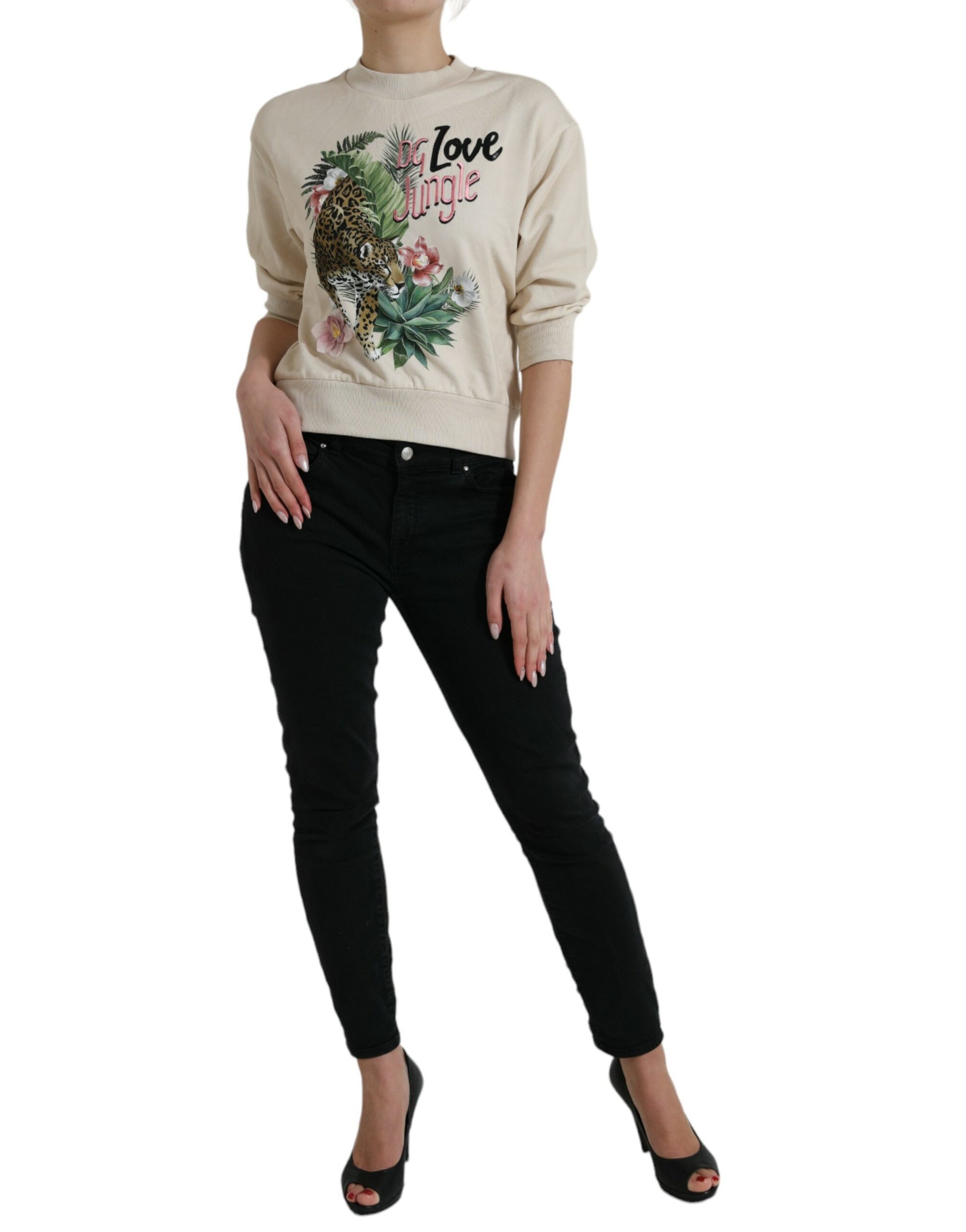 Dolce & Gabbana Beige Jungle Printed Cotton Pullover Sweater by Dolce & Gabbana