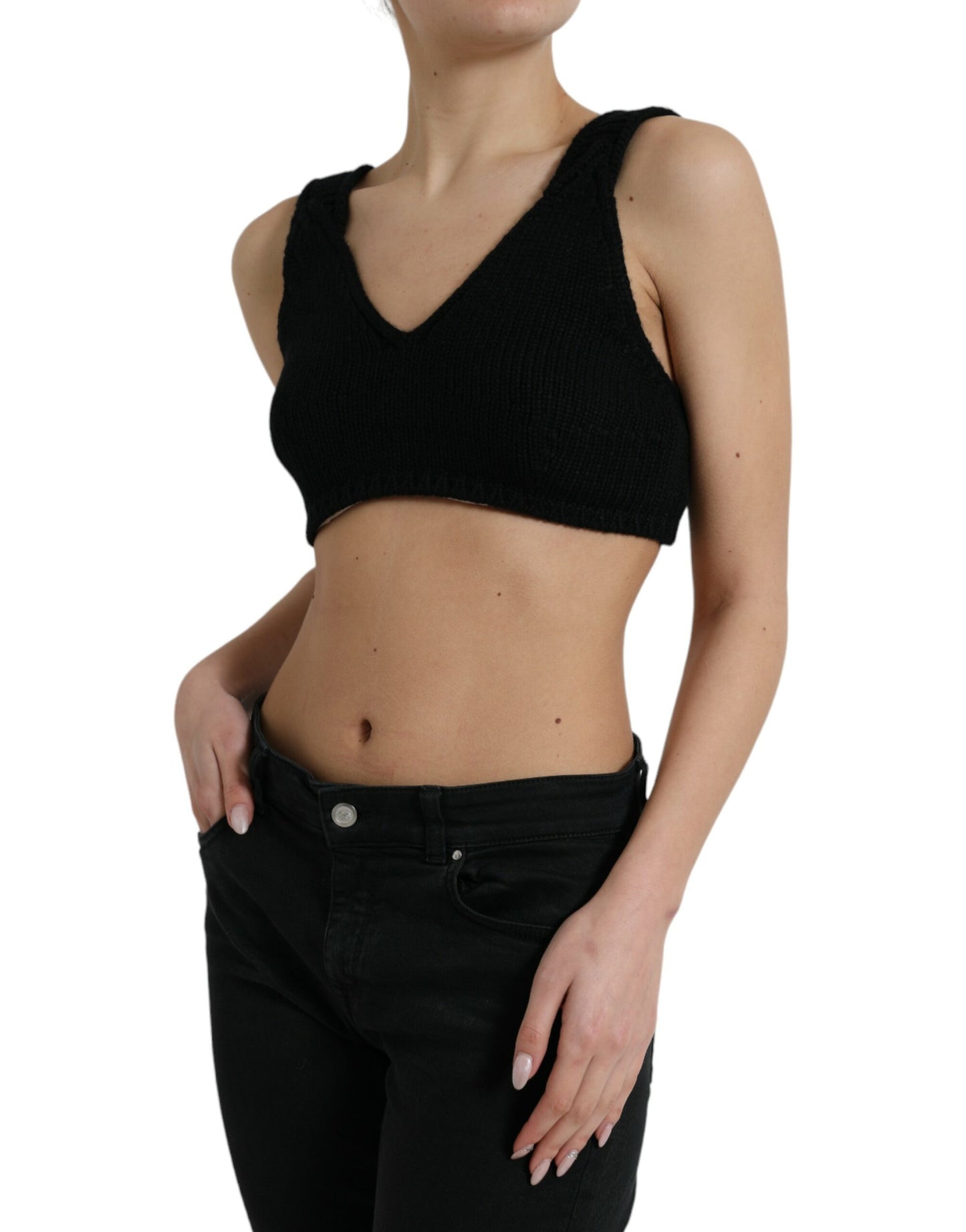 Dolce & Gabbana Black Cropped Cashmere V-neck Bustier Top by Dolce & Gabbana