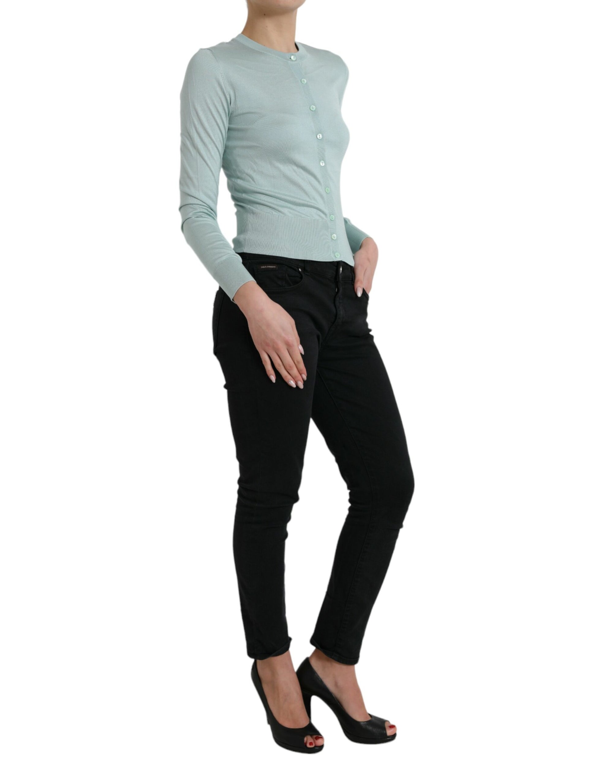 Dolce & Gabbana Light Blue Silk Crew Neck Cardigan Sweater by Dolce & Gabbana