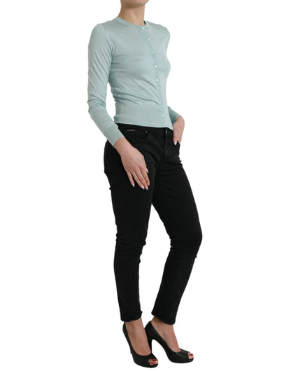 Dolce & Gabbana Light Blue Silk Crew Neck Cardigan Sweater by Dolce & Gabbana