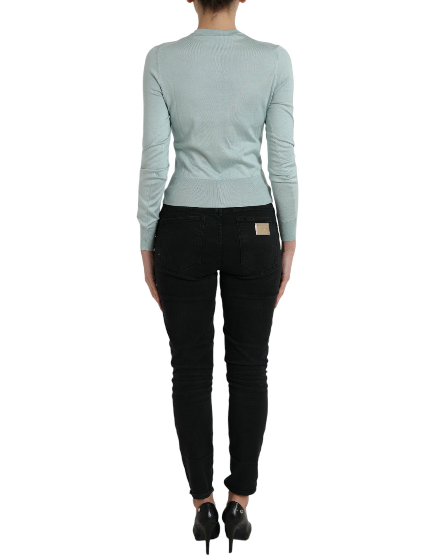 Dolce & Gabbana Light Blue Silk Crew Neck Cardigan Sweater by Dolce & Gabbana