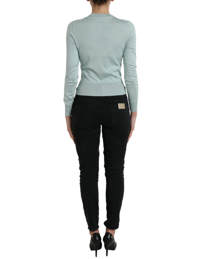 Dolce & Gabbana Light Blue Silk Crew Neck Cardigan Sweater by Dolce & Gabbana