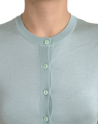 Dolce & Gabbana Light Blue Silk Crew Neck Cardigan Sweater by Dolce & Gabbana