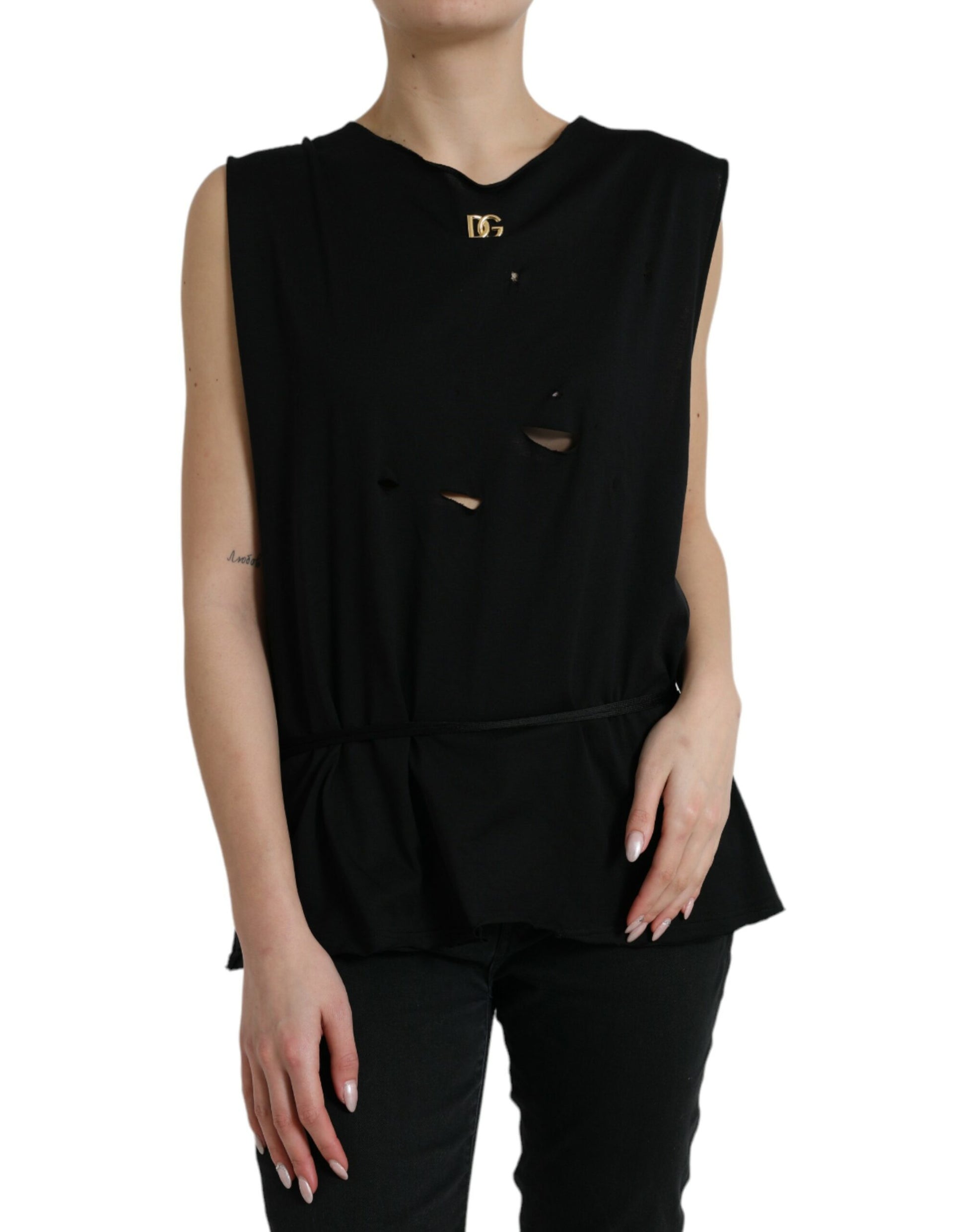 Dolce & Gabbana Black Cotton Lace Up Logo Round Neck Tank Top by Dolce & Gabbana
