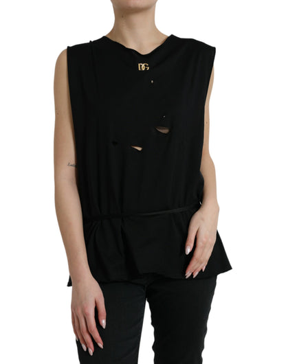 Dolce & Gabbana Black Cotton Lace Up Logo Round Neck Tank Top by Dolce & Gabbana