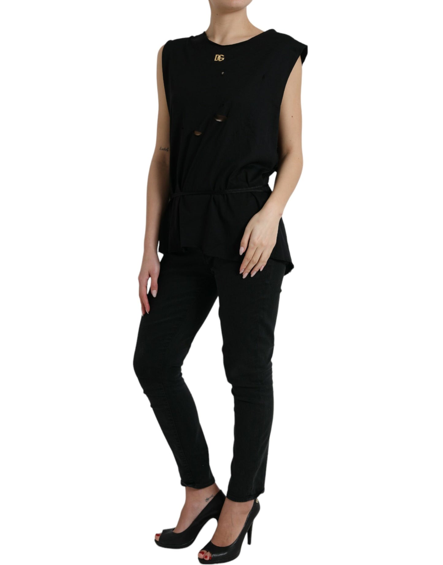 Dolce & Gabbana Black Cotton Lace Up Logo Round Neck Tank Top by Dolce & Gabbana