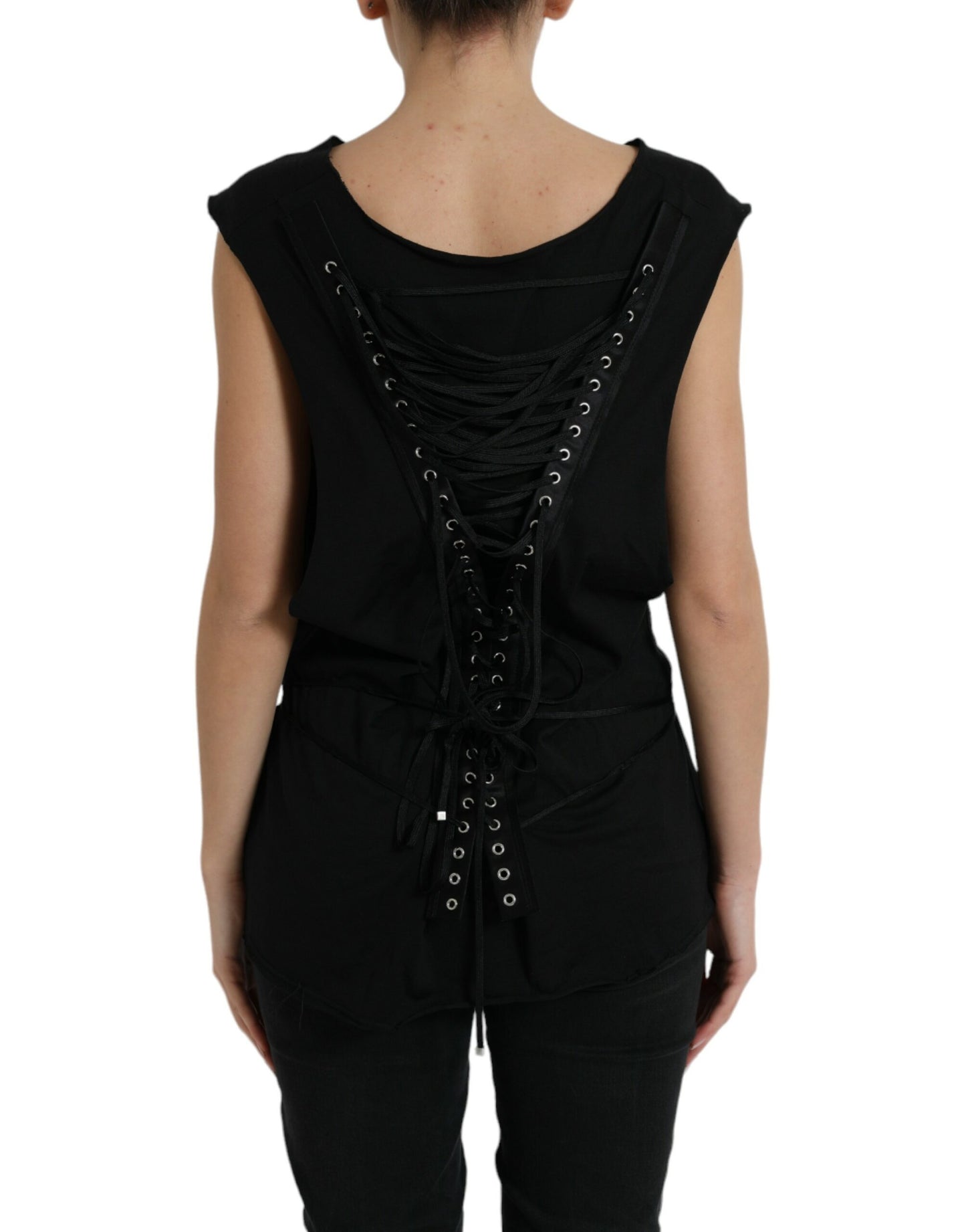 Dolce & Gabbana Black Cotton Lace Up Logo Round Neck Tank Top by Dolce & Gabbana