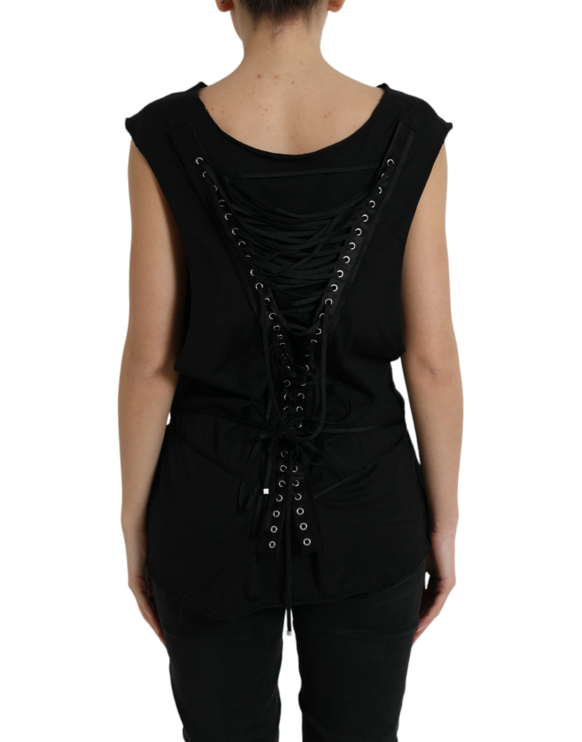 Dolce & Gabbana Black Cotton Lace Up Logo Round Neck Tank Top by Dolce & Gabbana