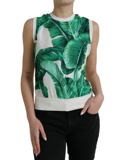 Dolce & Gabbana White Banana Leaf Print Crew Neck Tank Top by Dolce & Gabbana